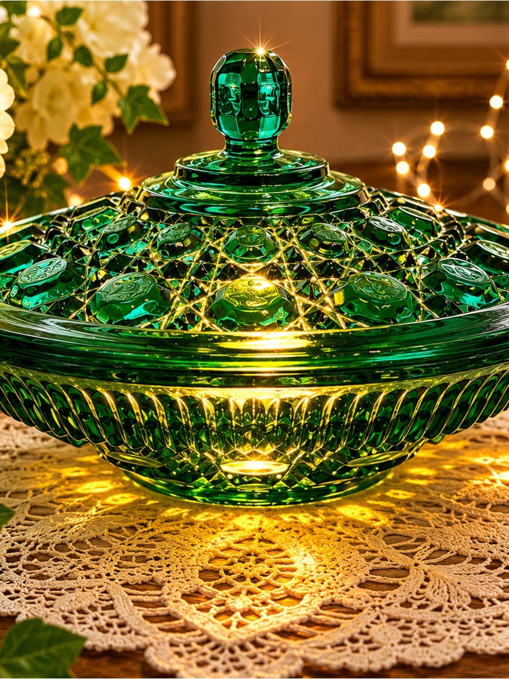 Federal Glass Evergreen Button & Cane Candy Dish Fairy Lamp | Vintage Glass